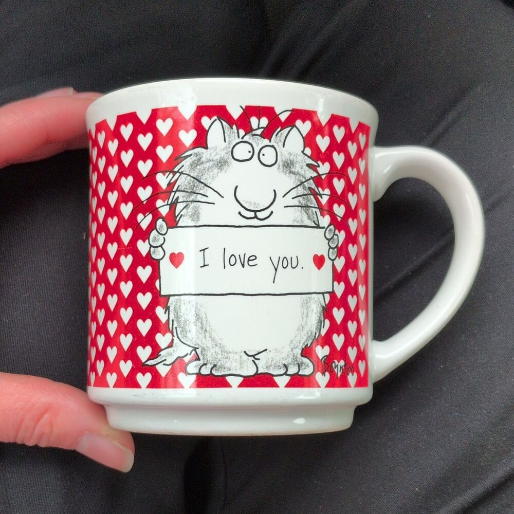 vtg Sandra Boynton "I Love You" Cat Ceramic Mug with Red & White Hearts